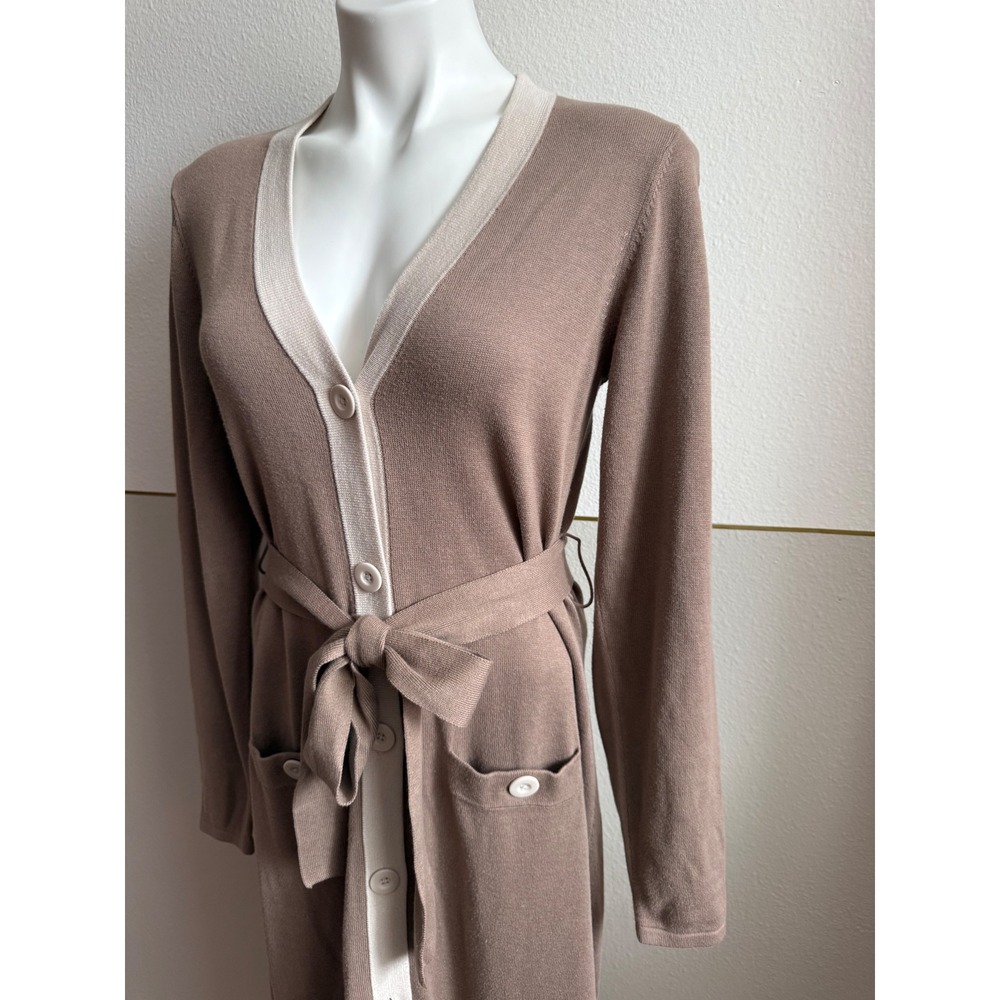 Cabi Mocha Brown Cream Genteel Trim Belted Longline Cardigan Sweater Dress SZ S - Picture 3 of 7